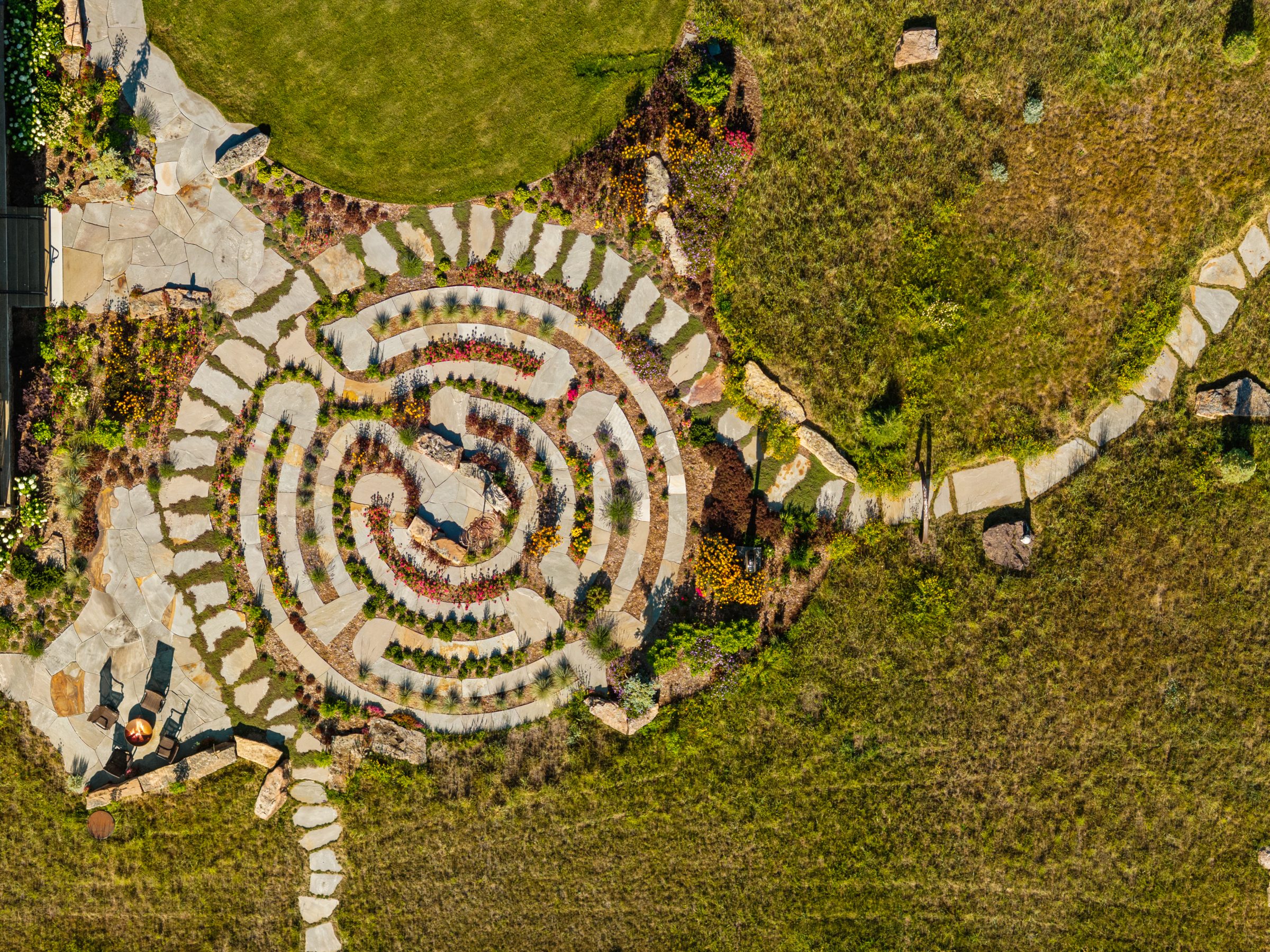 Aerial view of circular stone garden labyrinth