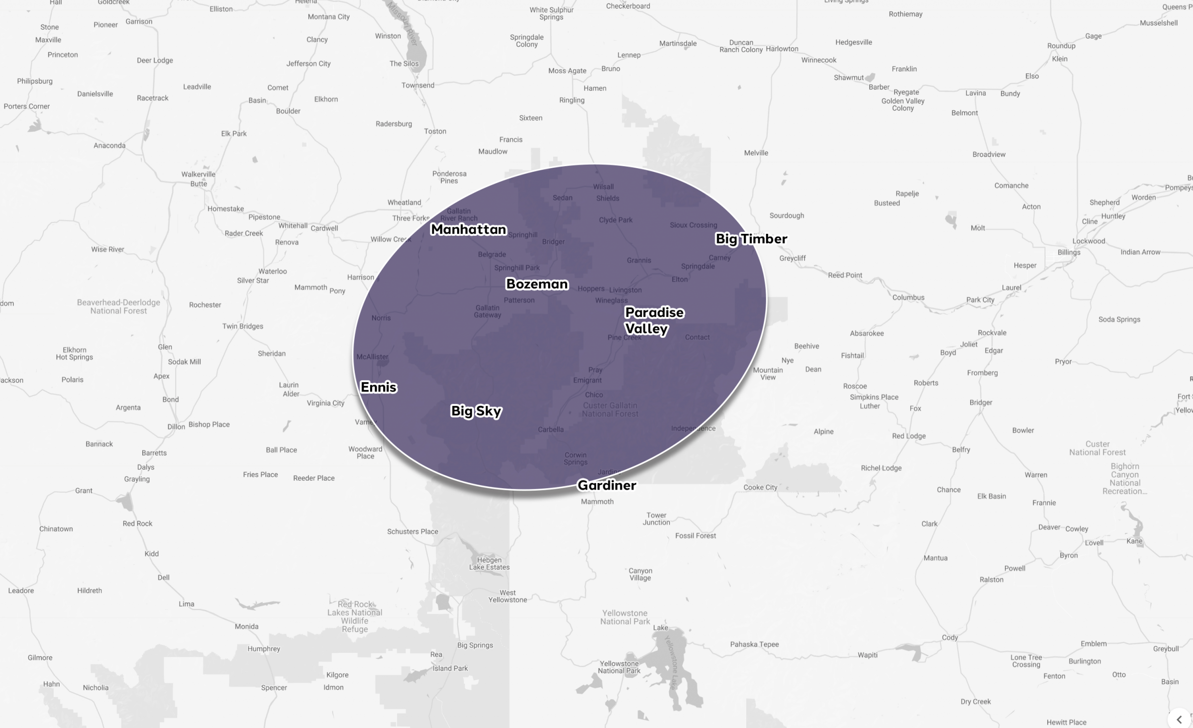Service area map around Bozeman, Montana