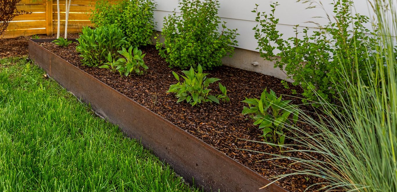 Modern backyard with raised garden bed and lawn