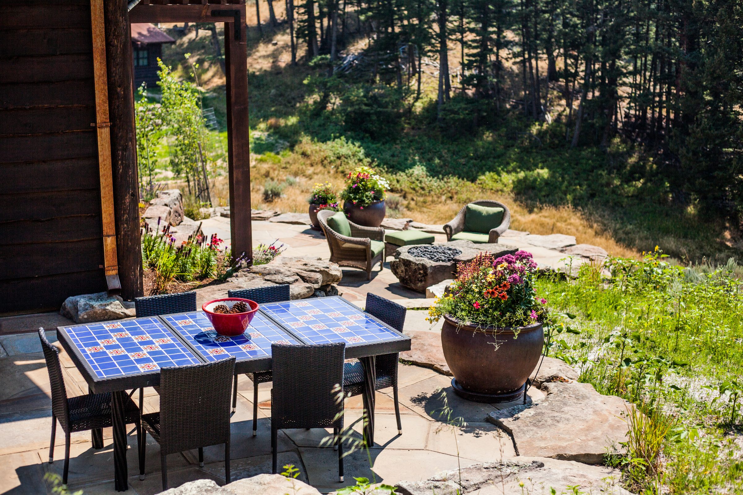 Rustic patio with table, fire pit, forest view