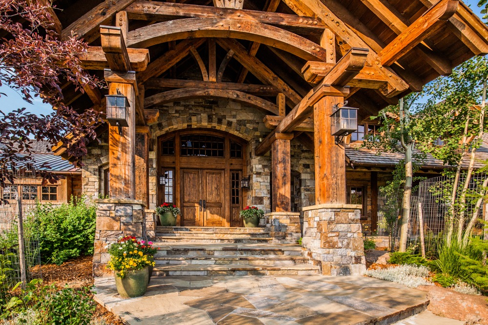Rustic timber and stone home entrance