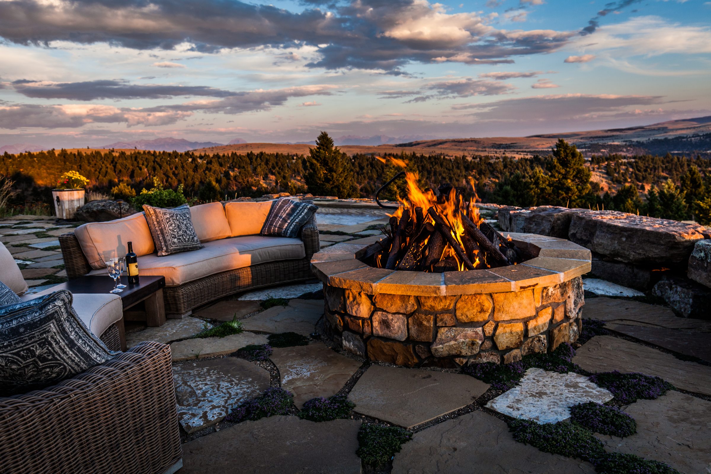 Cozy patio with fire pit and mountain view