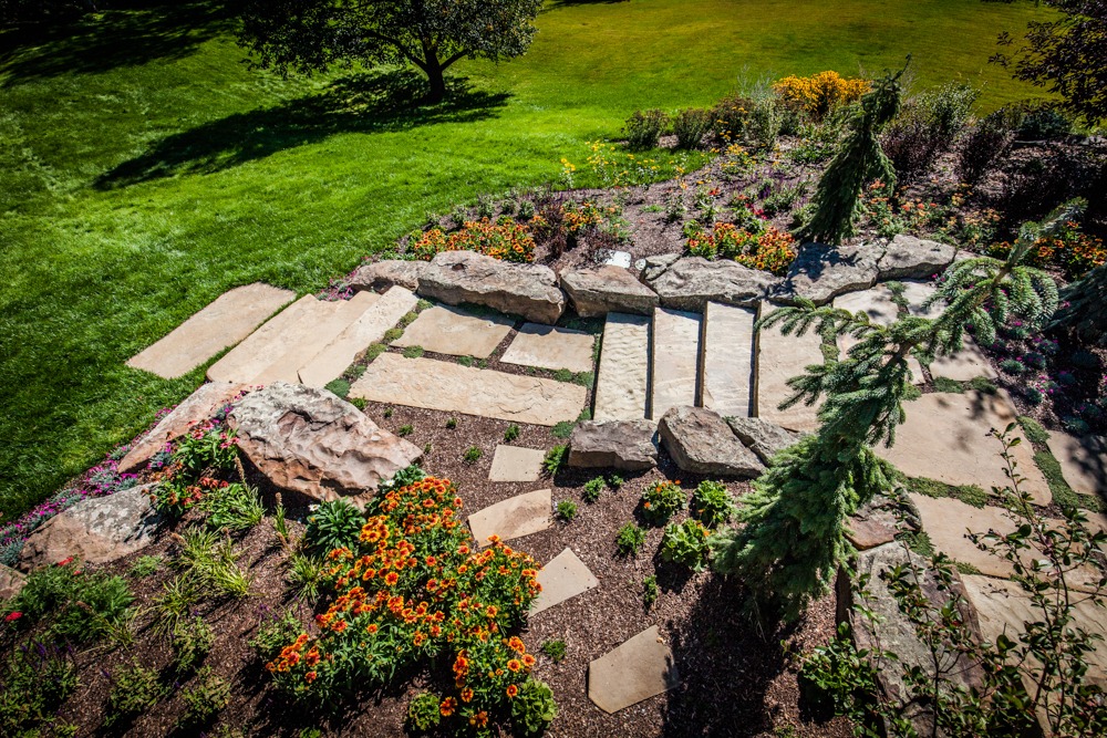 Stone steps in landscaped garden with flowers