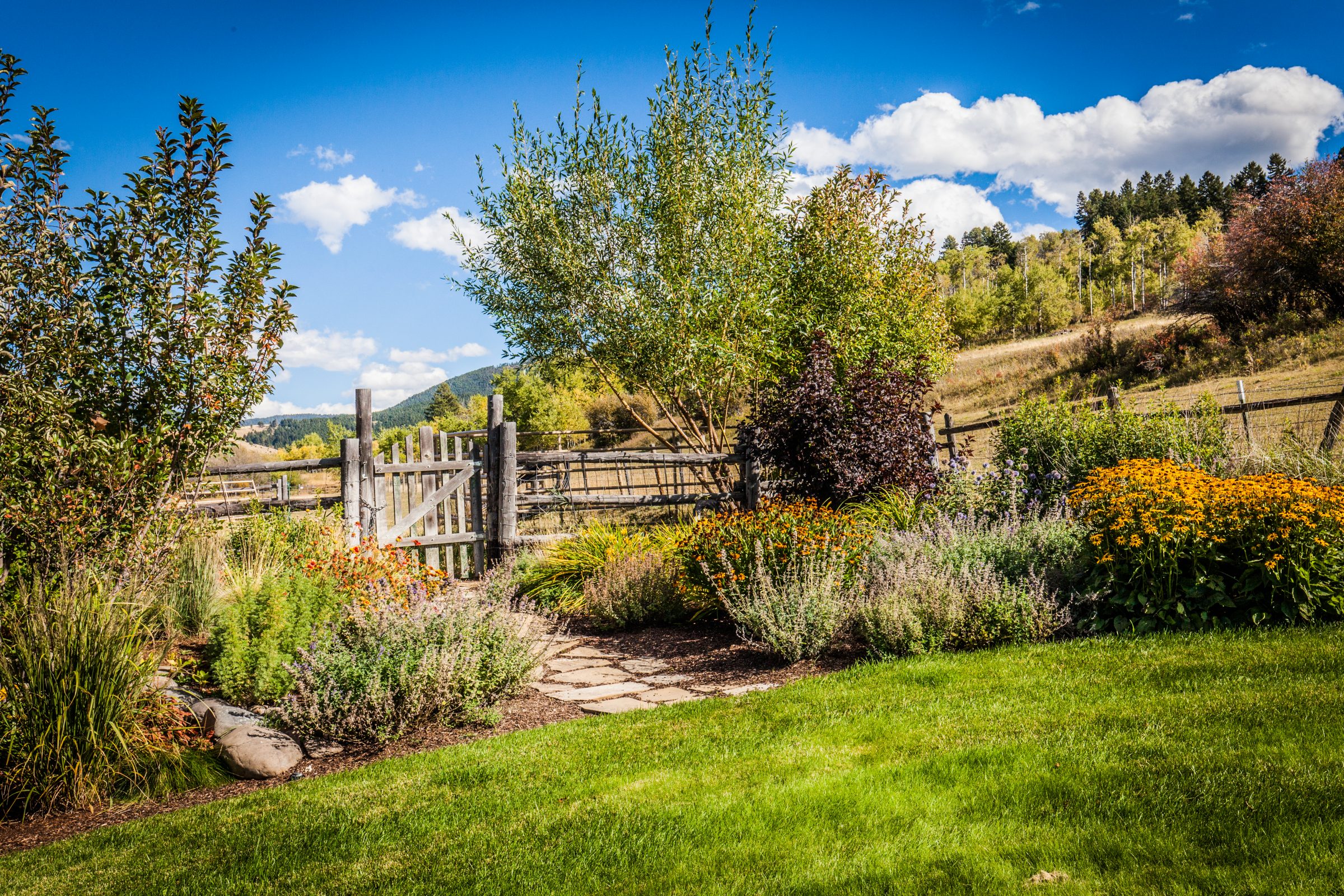 Rustic garden with wooden gate and mountain backdrop