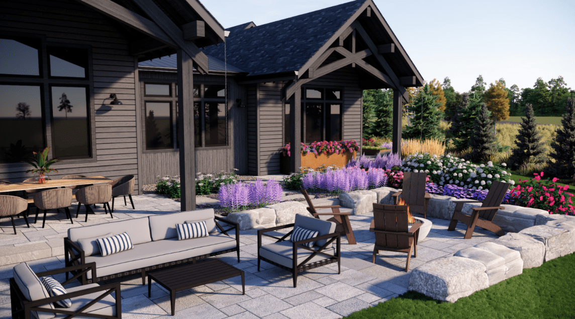 Modern backyard patio with fire pit and garden