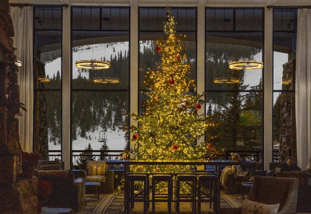 Lit Christmas tree in mountain lodge lounge